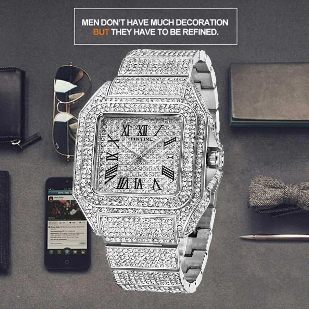 Men's Silver Crystal Bling Rectangle Case Stainless Steel Quartz Analog Watch